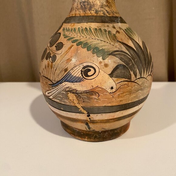 Vintage Tonala Mexican Pottery Vase - Hand-Painted Birds & Burn Scar, 8.5"x6" - Picture 2 of 8